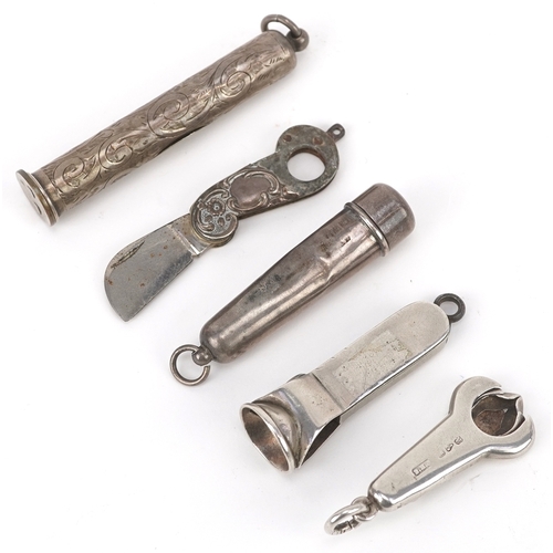 3686 - Antique silver chatelaine tools including an engraved cased snuff spoon, Birmingham 1912, a cigar cu... 