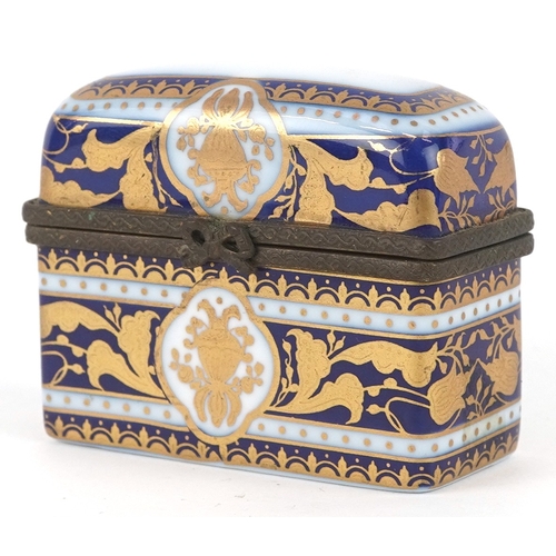 1677 - A hand painted Limoges style porcelain trinket housing three miniature glass scent bottles, 6cm wide... 