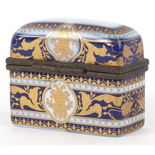 1677 - A hand painted Limoges style porcelain trinket housing three miniature glass scent bottles, 6cm wide... 