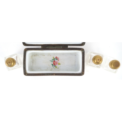 1677 - A hand painted Limoges style porcelain trinket housing three miniature glass scent bottles, 6cm wide... 