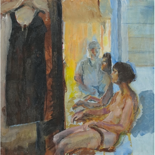 2362 - Seated nude female staring at a black dress, Modern British school oil on canvas, framed, 29cm x 29c... 