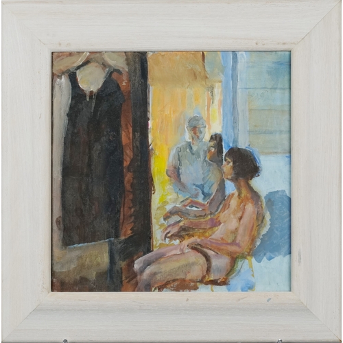 2362 - Seated nude female staring at a black dress, Modern British school oil on canvas, framed, 29cm x 29c... 