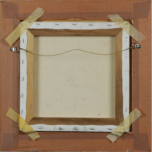 2362 - Seated nude female staring at a black dress, Modern British school oil on canvas, framed, 29cm x 29c... 