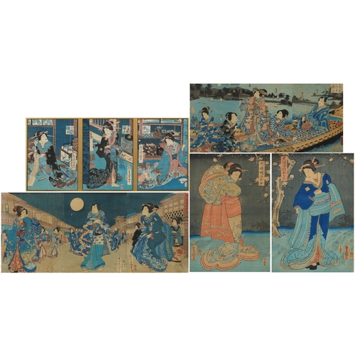 568A - Five Japanese woodblock prints bearing signatures, Utagawa Kunisada, two Utagawa Yoshiharu and Toyah... 