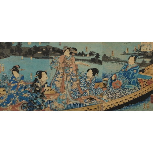 568A - Five Japanese woodblock prints bearing signatures, Utagawa Kunisada, two Utagawa Yoshiharu and Toyah... 