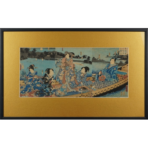 568A - Five Japanese woodblock prints bearing signatures, Utagawa Kunisada, two Utagawa Yoshiharu and Toyah... 