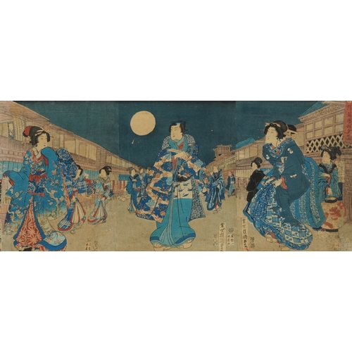 568A - Five Japanese woodblock prints bearing signatures, Utagawa Kunisada, two Utagawa Yoshiharu and Toyah... 