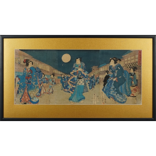 568A - Five Japanese woodblock prints bearing signatures, Utagawa Kunisada, two Utagawa Yoshiharu and Toyah... 