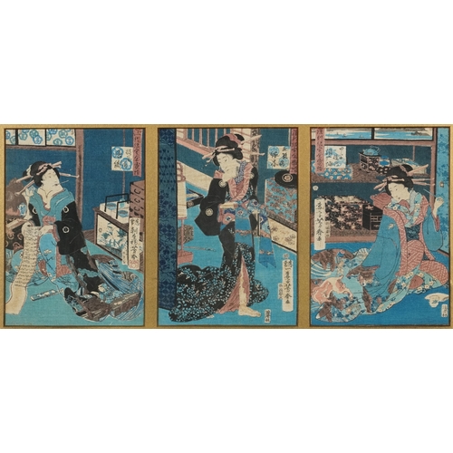 568A - Five Japanese woodblock prints bearing signatures, Utagawa Kunisada, two Utagawa Yoshiharu and Toyah... 