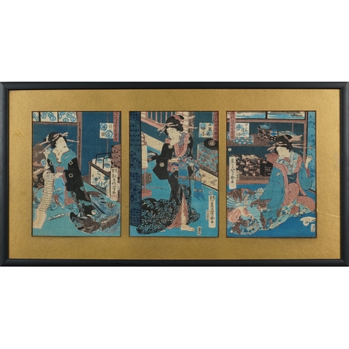 568A - Five Japanese woodblock prints bearing signatures, Utagawa Kunisada, two Utagawa Yoshiharu and Toyah... 