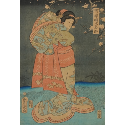 568A - Five Japanese woodblock prints bearing signatures, Utagawa Kunisada, two Utagawa Yoshiharu and Toyah... 