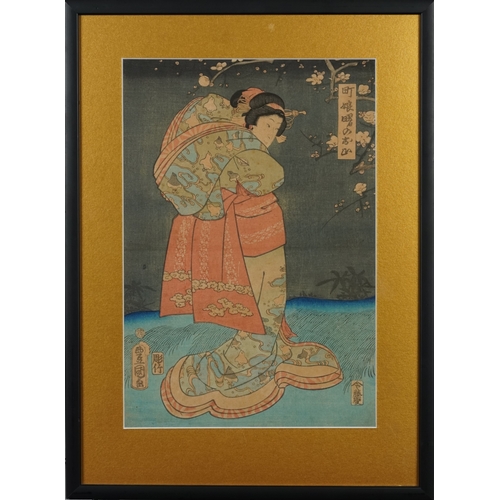 568A - Five Japanese woodblock prints bearing signatures, Utagawa Kunisada, two Utagawa Yoshiharu and Toyah... 
