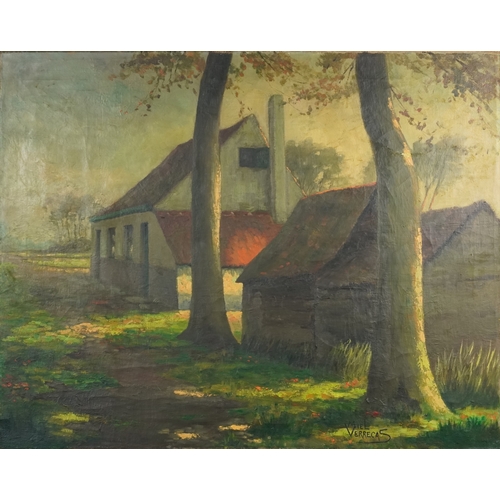 2470 - Miel Verrecas - Woodland clearing with buildings, 20th century continental school oil on canvas, sig... 