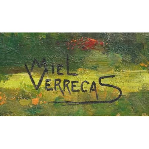 2470 - Miel Verrecas - Woodland clearing with buildings, 20th century continental school oil on canvas, sig... 