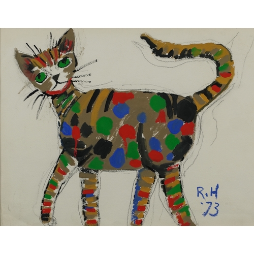 2288A - After Roger Hilton - Colourful cat, mid 20th century mixed media on paper, initialled and dated '73,... 
