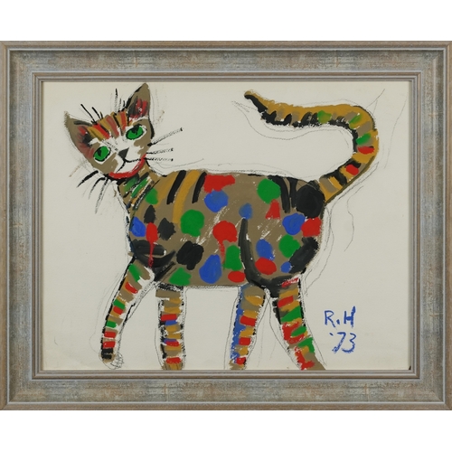 2288A - After Roger Hilton - Colourful cat, mid 20th century mixed media on paper, initialled and dated '73,... 