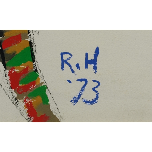 2288A - After Roger Hilton - Colourful cat, mid 20th century mixed media on paper, initialled and dated '73,... 
