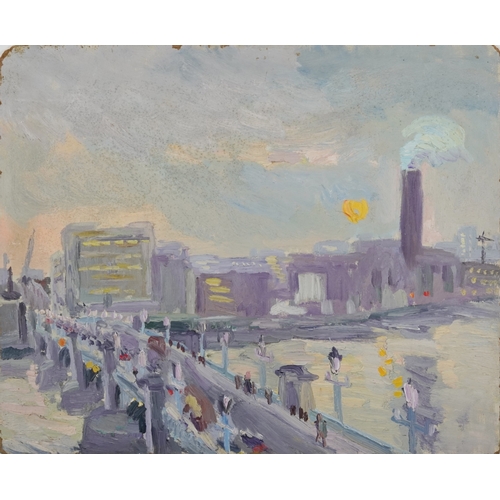 2505 - London Cityscape, 20th century British school oil on board, unsigned, unframed, 51cm x 61cm.