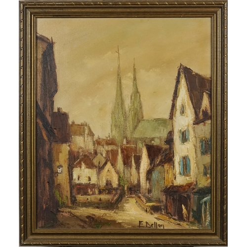 2507 - After Etienne Bellan - Town Buildings, 20th century French school oil on canvas, signed, framed, 44c... 