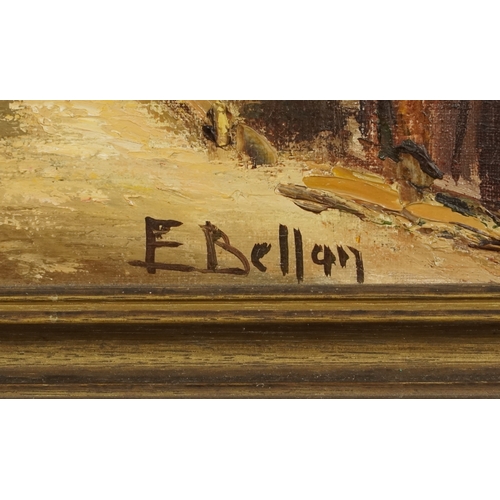 2507 - After Etienne Bellan - Town Buildings, 20th century French school oil on canvas, signed, framed, 44c... 