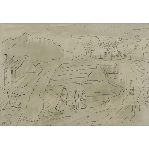 2519 - Figures before a village, 20th century pen and ink on paper, indistinctly signed, framed and glazed,... 