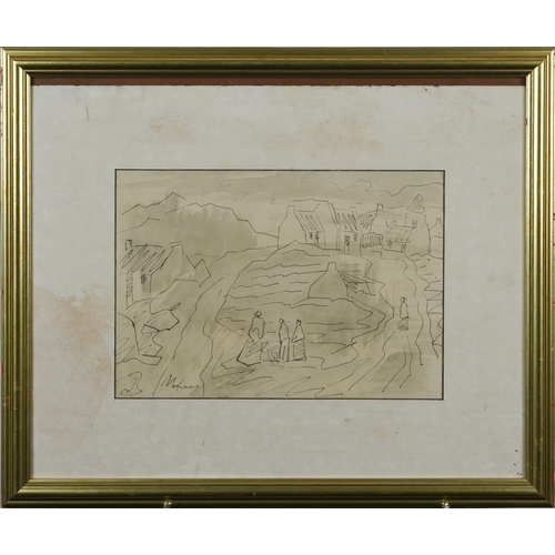 2519 - Figures before a village, 20th century pen and ink on paper, indistinctly signed, framed and glazed,... 