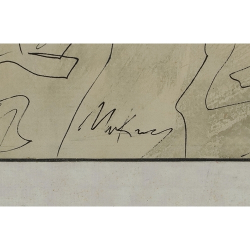 2519 - Figures before a village, 20th century pen and ink on paper, indistinctly signed, framed and glazed,... 