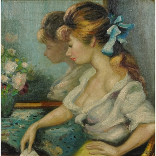 2419 - After Marcel Dyf - Young woman sitting beside a mirror, 20th century oil on canvas board within a sc... 