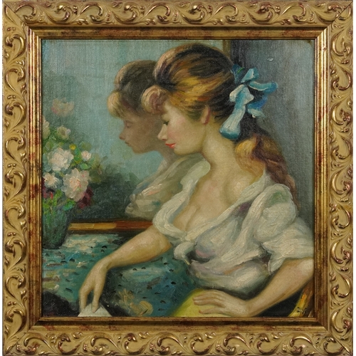 2419 - After Marcel Dyf - Young woman sitting beside a mirror, 20th century oil on canvas board within a sc... 