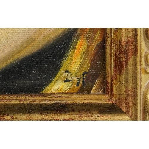 2419 - After Marcel Dyf - Young woman sitting beside a mirror, 20th century oil on canvas board within a sc... 