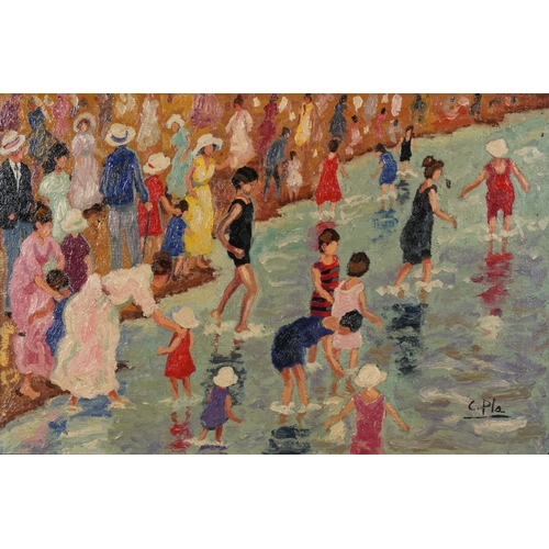 2418 - After Cecilio. Plá - Figures on a beach, 20th century Spanish school, oil on canvas, framed, 29cm x ... 