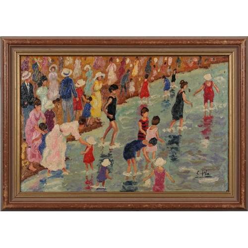 2418 - After Cecilio. Plá - Figures on a beach, 20th century Spanish school, oil on canvas, framed, 29cm x ... 