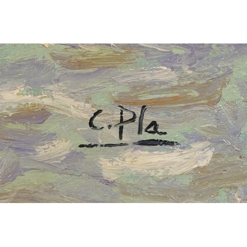 2418 - After Cecilio. Plá - Figures on a beach, 20th century Spanish school, oil on canvas, framed, 29cm x ... 