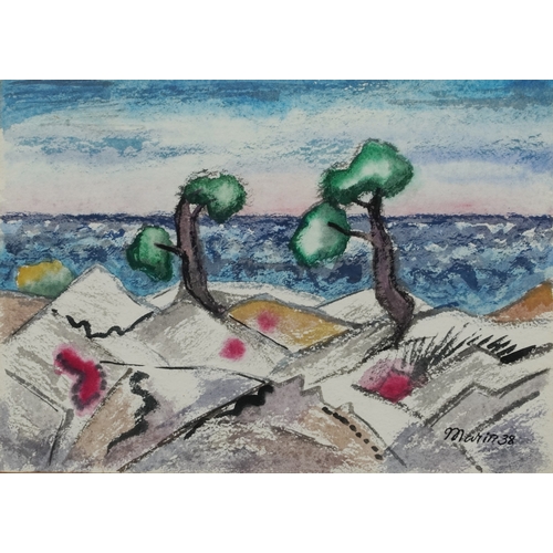 2417 - After Martin Benka - Surrealist landscape, mid 20th century continental school pastels on paper, sig... 