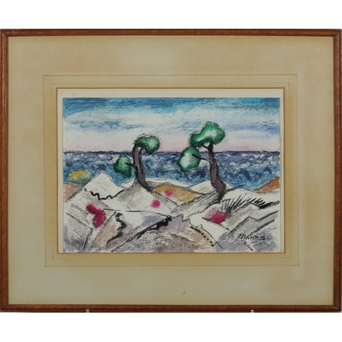2417 - After Martin Benka - Surrealist landscape, mid 20th century continental school pastels on paper, sig... 