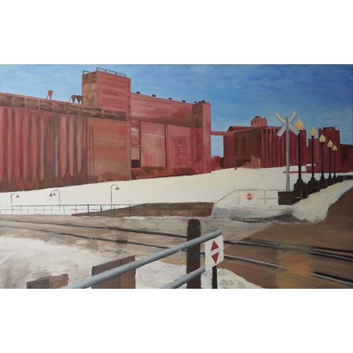 2367 - Industrial landscape with railway line and buildings, Modern British school oil on canvas, 152.5cm x... 