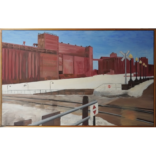 2367 - Industrial landscape with railway line and buildings, Modern British school oil on canvas, 152.5cm x... 