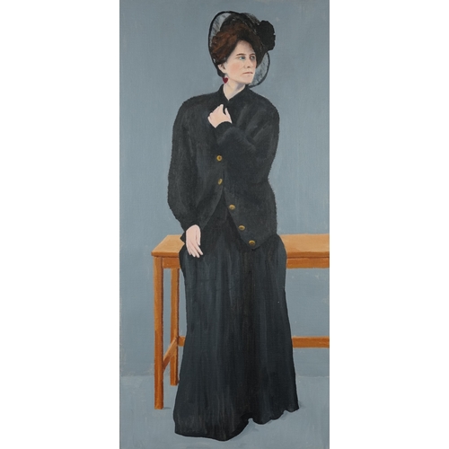 2296 - Seated female wearing a black dress, Modern British school oil on canvas, framed, 86.5cm x 41cm.