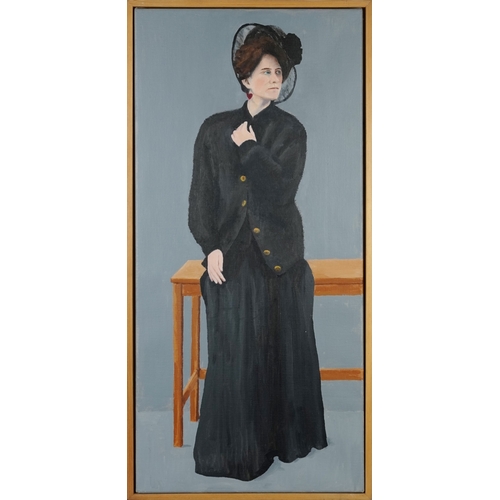 2296 - Seated female wearing a black dress, Modern British school oil on canvas, framed, 86.5cm x 41cm.