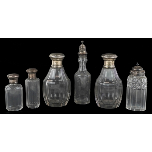 3676 - William IV and later silver mounted glassware comprising cut crystal decanters, a caster and dressin... 