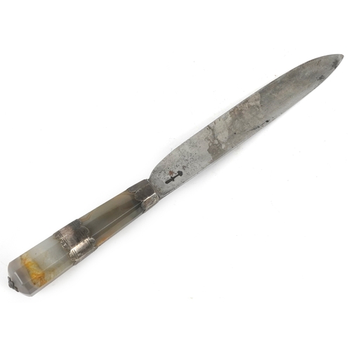 307 - An antique unmarked silver mounted knife with agate handle, 26cm in length.