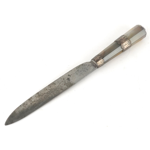 307 - An antique unmarked silver mounted knife with agate handle, 26cm in length.