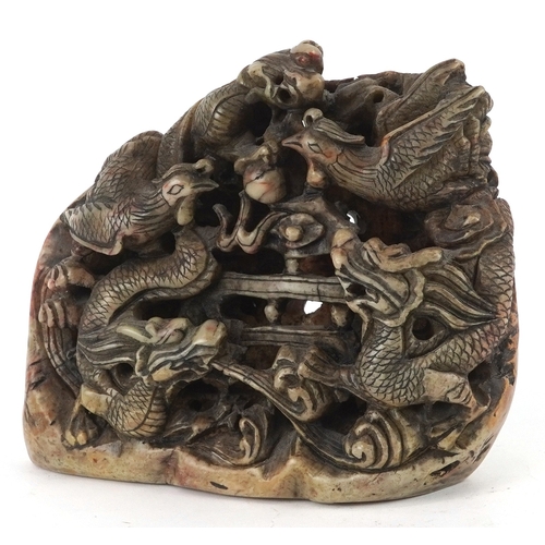 454 - A Chinese soapstone carving of dragons and mythical creatures, character marks to the base, 13.5cm h... 