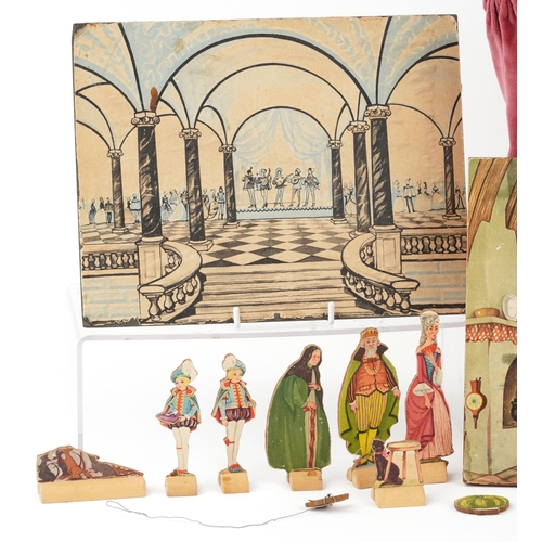 782 - A Benjamin Pollock's Toy Theatre and puppets, with figures and props fitted with velour curtains, 40... 