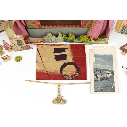 782 - A Benjamin Pollock's Toy Theatre and puppets, with figures and props fitted with velour curtains, 40... 