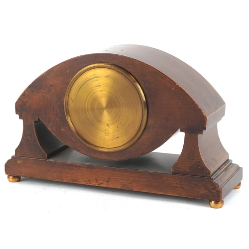 128 - An Edwardian mahogany cased mantle clock with chequer stringing, the white enamelled dial inscribed ... 