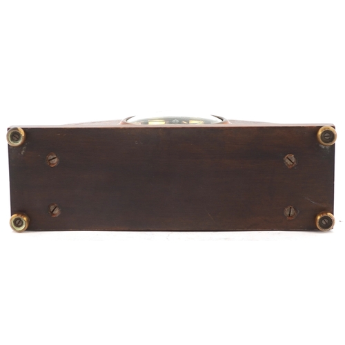 128 - An Edwardian mahogany cased mantle clock with chequer stringing, the white enamelled dial inscribed ... 