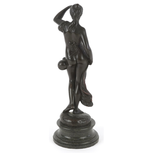 480 - An early 20th century bronze sculpture of a maiden on a green marble plinth base, 28cm high.
