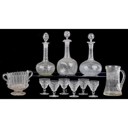 1728 - Antique and later glassware including decanters, sherry glasses and an urn shaped vase, the largest ... 