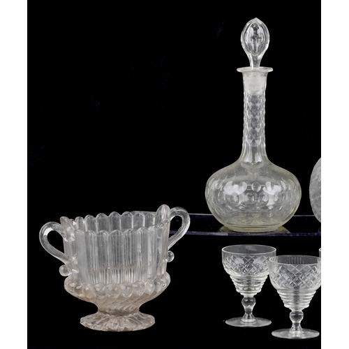1728 - Antique and later glassware including decanters, sherry glasses and an urn shaped vase, the largest ... 